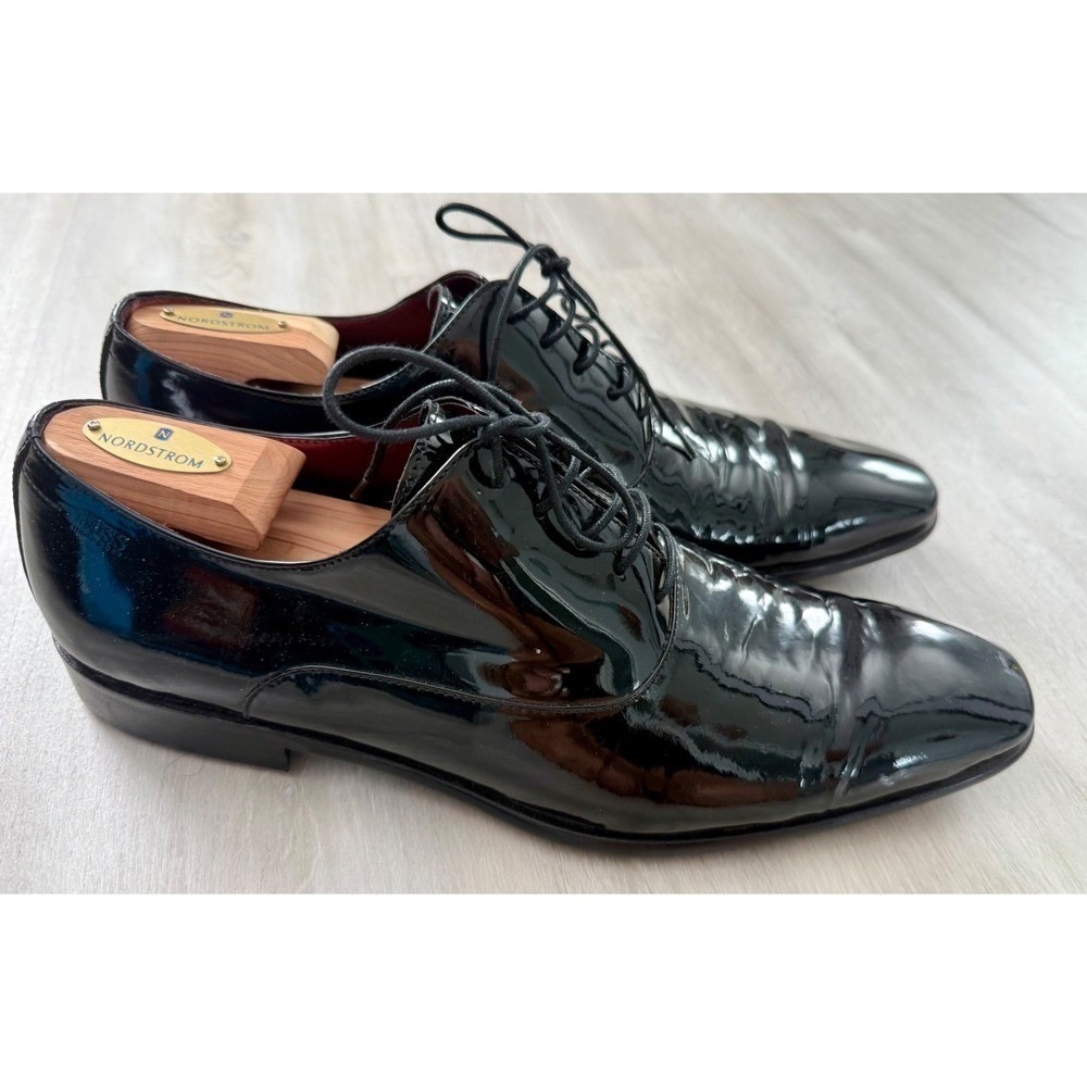 BOSS Hugo Boss Black Patent Leather Oxford Dress Shoes Men 11.5 Wide Tuxedo